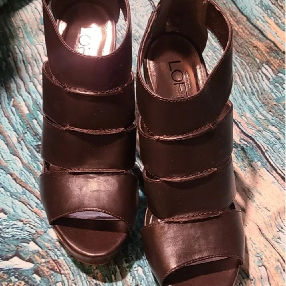 Y2K Boho Clubkid Retro Glam Platform Wedge Heels Brown Strappy Sandals‎ Loft 7.5